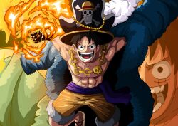 Rule 34 | 1boy, 1otakuds, absurdres, black eyes, black hair, clenched hand, collar, facial scar, hat, highres, jolly roger, looking at viewer, monkey d. luffy, one piece, pirate hat, scar, scar on cheek, scar on chest, scar on face, short hair, smile, straw hats jolly roger, topless male