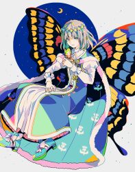 Rule 34 | 1boy, arthropod boy, blue dress, blue eyes, blue footwear, bug, butterfly, cape, crown, diamond hairband, dress, fate/grand order, fate (series), full body, fur-trimmed cape, fur trim, highres, insect, insect on finger, insect wings, long sleeves, looking at viewer, male focus, medium hair, mizuki tsukimori, oberon (fate), simple background, solo, white background, white hair, wings