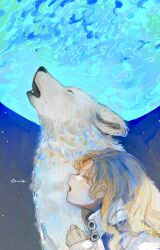 Rule 34 | 1girl, absurdres, artist name, brown hair, clenched hands, closed eyes, highres, howling, moon, night, orie h, original, outdoors, profile, upper body, white wolf, wolf
