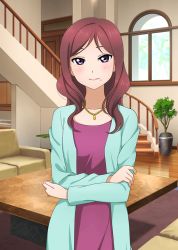 Rule 34 | 10s, 1girl, artist request, blush, cardigan, collarbone, couch, crossed arms, dress, holding elbow, jewelry, long hair, long sleeves, looking at viewer, love live!, love live! school idol festival, love live! school idol project, mole, mole under mouth, necklace, nishikino maki&#039;s mother, official art, parted bangs, pink dress, plant, potted plant, purple eyes, red hair, smile, solo, stairs, standing, star (symbol), table, wavy hair, window, wooden floor