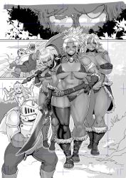 Rule 34 | 1boy, 4girls, armor, asymmetrical legwear, axe, bare shoulders, belt, blush, bone necklace, boots, breasts, breasts apart, bush, choker, collarbone, comic, covered erect nipples, curvy, dot nose, dress, drill hair, eyelashes, eyes visible through hair, facial mark, fangs, fat, fat man, female orc, finger to mouth, front-tie top, gloves, grass, grin, gyaru, hair between eyes, half-closed eyes, hand on own hip, head tilt, helmet, highleg, highleg panties, highres, holding, holding weapon, huge breasts, jewelry, kisuu, large breasts, leg armor, licking lips, lips, lipstick, long hair, long sleeves, looking at viewer, looking back, makeup, medium breasts, monochrome, monster girl, motion lines, multiple girls, muscular, muscular female, naughty face, navel, necklace, open mouth, open shoes, orc, outdoors, over shoulder, panties, plump, pointy ears, princess, scared, short hair, short ponytail, shoulder armor, skindentation, skull, skull necklace, small breasts, smile, standing, strapless, sweatdrop, sword, thick lips, thick thighs, thighs, tongue, tongue out, tree, tribal, twin drills, underboob, underwear, uneven legwear, v-shaped eyebrows, walking, weapon, weapon over shoulder, wide hips, you gonna get raped
