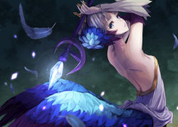 Rule 34 | 1girl, armpits, arms up, bare back, bare shoulders, blue eyes, crown, crystal, dress, feathers, from behind, gwendolyn (odin sphere), hair ornament, highres, konkito, looking back, odin sphere, open mouth, short hair, solo, strapless, strapless dress, weapon, white hair, wings