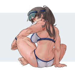 Rule 34 | 1girl, arm support, back, bikini, breasts, brown hair, butt crack, commentary request, eating, eyes visible through hair, food, from behind, full body, grey background, high ponytail, highres, ice cream, letterboxed, long hair, looking back, muscular, muscular female, orange eyes, protagonist 2 (housamo), s-skio, scar, scar on arm, sideboob, sidelocks, solo, sweatdrop, swimsuit, tokyo houkago summoners, two-tone bikini, visor cap, white bikini, wristband