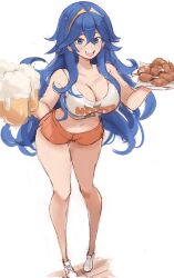 Rule 34 | 1girl, :d, alternate costume, beer mug, blue eyes, blue hair, breasts, chicken wing, cleavage, collarbone, commentary, cup, employee uniform, english commentary, fire emblem, fire emblem awakening, foam, full body, hair between eyes, highres, holding, holding cup, holding plate, hooters, large breasts, leaning forward, long hair, looking at viewer, lucina (fire emblem), midriff, mug, navel, nintendo, open mouth, orange shorts, owl print, plate, print tank top, rakeemspoon, short shorts, shorts, smile, solo, standing, tank top, tiara, uniform, waitress, white background