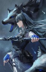 Rule 34 | 1girl, absurdres, animal ear fluff, animal ears, arknights, belt, belt pouch, black coat, black hair, blue gloves, breasts, brown eyes, closed mouth, cloud, cloudy sky, coat, coat on shoulders, fingerless gloves, from side, gloves, highres, holding, holding sword, holding weapon, koseikogani, large breasts, long hair, long sleeves, outdoors, pouch, profile, rain, shirt, sky, solo, sword, texas (arknights), texas the omertosa (arknights), upper body, very long hair, weapon, white shirt, wolf, wolf ears