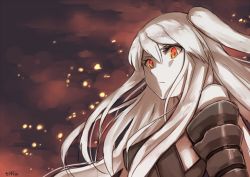 Rule 34 | 10s, 1girl, abyssal ship, aircraft carrier oni, azu (azusayumix), colored skin, fiery background, fire, kantai collection, long hair, looking at viewer, one side up, pale skin, red eyes, side ponytail, white hair, white skin