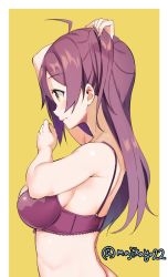 Rule 34 | 10s, 1girl, adjusting hair, ahoge, bare shoulders, bra, breasts, brown eyes, from side, hagikaze (kancolle), highres, kantai collection, large breasts, long hair, maji (etonato), profile, purple bra, purple hair, side ponytail, solo, twitter username, underwear, upper body, yellow background