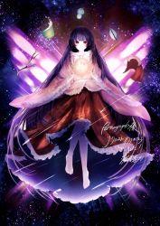 Rule 34 | 1girl, absurdly long hair, barefoot, belt, black hair, blouse, bow, butterfly wings, closed mouth, collar, commentary request, flying, frills, hands up, highres, houraisan kaguya, insect wings, light, long hair, long sleeves, looking at viewer, moon, night, night sky, no headwear, pink shirt, pink sleeves, red eyes, red skirt, shadow, shirt, skirt, sky, smile, solo, somei ooo, star (sky), starry sky, touhou, very long hair, white belt, white bow, white collar, white neckwear, wide sleeves, wings