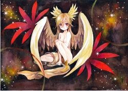 Rule 34 | 1girl, blonde hair, blush, boots, breasts, cleavage, dated, feathers, head wings, long hair, monster girl, mosho, nude, orange eyes, original, painting (medium), red eyes, shoes, signature, sitting, small breasts, solo, traditional media, watercolor (medium), wings