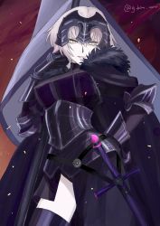 Rule 34 | 1girl, absurdres, armor, black thighhighs, breasts, fate/grand order, fate (series), g bow wow, gauntlets, grey hair, hand on own hip, helmet, highres, jeanne d&#039;arc (fate), jeanne d&#039;arc alter (avenger) (fate), jeanne d&#039;arc alter (avenger) (first ascension) (fate), jeanne d&#039;arc alter (fate), looking at viewer, pale skin, ruler (fate/grand order), sheath, sheathed, short hair, smile, solo, sword, thighhighs, twitter username, weapon, yellow eyes