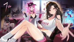 Rule 34 | 2girls, alternate costume, anniversary, bahao diqiu, bare shoulders, bikini, bikini top only, black bikini, black choker, blush, braid, breasts, brown eyes, brown hair, card, choker, cleavage, couch, crossed legs, cup, disposable cup, dog, earrings, eyewear on headwear, fang, flute, fo-12 (girls&#039; frontline), fox, general liu (girls&#039; frontline), girls&#039; frontline, hair between eyes, hat, highres, holding, holding card, holding cup, indoors, instrument, jewelry, large breasts, legs, long hair, looking at viewer, midriff, mole, mole under eye, multiple girls, navel, off shoulder, on couch, open mouth, pink eyes, pink hair, pink shorts, playing card, short shorts, shorts, sitting, smile, sunglasses, swimsuit, tank top, very long hair, white tank top