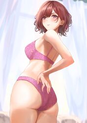 Rule 34 | 1girl, ass, bra, brown hair, closed mouth, cowboy shot, curtains, from behind, hand on own hip, highres, higuchi madoka, idolmaster, idolmaster shiny colors, indoors, looking at viewer, looking back, mole, mole under eye, panties, purple bra, purple eyes, purple panties, short hair, solo, underwear, underwear only, ushimo (dztu8434), window
