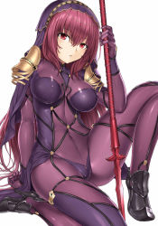Rule 34 | 1girl, argyle, arm at side, armor, black footwear, blush, bodysuit, breasts, breasts apart, capelet, circlet, covered erect nipples, covered navel, fate/grand order, fate (series), full body, gae bolg (fate), gem, gloves, hair between eyes, hakaba (dairiseki), hand up, head tilt, high heels, highres, hip focus, holding, holding polearm, holding spear, holding weapon, impossible bodysuit, impossible clothes, knee up, large breasts, long hair, looking at viewer, one-piece swimsuit, parted lips, pauldrons, planted, polearm, purple bodysuit, purple hair, purple one-piece swimsuit, red eyes, red gemstone, scathach (fate), shoes, shoulder armor, shoulder pads, showgirl skirt, simple background, sitting, skin tight, solo, spear, swimsuit, turtleneck, veil, very long hair, weapon, white background