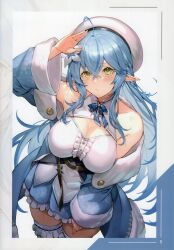 Rule 34 | 1girl, absurdres, ahoge, bare shoulders, belt, beret, blue hair, braid, breasts, buttons, cleavage, closed mouth, detached sleeves, elf, frilled skirt, frills, hair ornament, hand up, hat, highres, hololive, kakage, long hair, long sleeves, looking at viewer, medium breasts, off shoulder, open clothes, page number, pleated skirt, pointy ears, ribbon, scan, simple background, skirt, smile, snowflake print, thighhighs, thighs, virtual youtuber, wide sleeves, yellow eyes, yukihana lamy, yukihana lamy (1st costume), zettai ryouiki