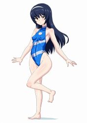 Rule 34 | 1girl, black hair, blue one-piece swimsuit, brown eyes, casual one-piece swimsuit, cleavage cutout, clothing cutout, commentary request, covered navel, covered erect nipples, full body, girls und panzer, hairband, highleg, highleg swimsuit, highres, impossible clothes, impossible swimsuit, long hair, looking at viewer, muchabou, one-piece swimsuit, outstretched arms, reizei mako, simple background, solo, standing, standing on one leg, swimsuit, turtleneck, white background, white hairband
