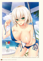 Rule 34 | 10s, 1girl, beach, beach umbrella, bikini, blue bikini, blush, breast hold, breasts, cloud, collarbone, cup, day, drinking glass, drinking straw, glass, green eyes, highres, large breasts, leaning forward, looking at viewer, nipples, nora to oujo to noraneko heart, oozora itsuki, open mouth, shachi yuri, short hair, side-tie bikini bottom, sky, smile, solo, swimsuit, table, tree, umbrella, undressing, wet, white hair