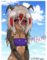 Rule 34 | absurdres, antennae, arthropod girl, blush, breasts, colored sclera, cpt.tester works, grey sclera, highres, long bangs, looking at viewer, peaches (cpt.tester), petite, red eyes, small breasts, strapless, tattoo, tube top, white hair