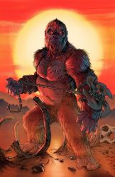 Rule 34 | ape, bill couture, bone, chain, flail, fossil, giant, giant monster, glowing, glowing eyes, gorilla, highres, kaijuu, king kong, king kong (series), kong: skull island, legendary pictures, looking at viewer, monster, monsterverse, muscular, muscular male, no humans, propeller, red eyes, scar, scar across eye, scar on chest, scar on face, skeleton, skull, sun, sunset, weapon