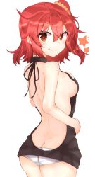 Rule 34 | 1girl, :q, absurdres, ass, backless dress, backless outfit, bare back, bare shoulders, black sweater, blush, breasts, brown eyes, butt crack, closed mouth, dimples of venus, drawstring, dress, fate/grand order, fate (series), from behind, fujimaru ritsuka (female), hair between eyes, hair ornament, hair scrunchie, halterneck, hand on own chest, highres, looking at viewer, looking back, lowleg, lowleg panties, medium breasts, meme attire, no bra, panties, ranf, red hair, scrunchie, short hair, side ponytail, sideboob, simple background, smile, solo, star (symbol), sweater, sweater dress, tongue, tongue out, turtleneck, turtleneck sweater, underwear, virgin killer sweater, white background, white panties