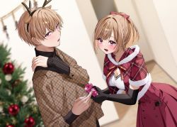 Rule 34 | 1boy, 1girl, antlers, black gloves, blurry, blurry background, blush, bow, breasts, brown hair, chigusa minori, christmas, christmas ornaments, christmas tree, cleavage, dress, elbow gloves, fake antlers, gift, gift wrapping, gloves, hair bow, highres, holding, holding gift, horns, indoors, jitsu wa imouto deshita., long sleeves, majima ryota, medium breasts, open mouth, ponytail, red dress, reindeer antlers, short hair, sidelocks, smile, standing, turtleneck
