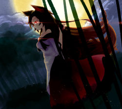 Rule 34 | 1girl, animal ears, bamboo, bamboo forest, bare shoulders, breasts, brooch, brown hair, cleavage, collarbone, dress, fingernails, forest, full moon, gancao, glowing, glowing eye, imaizumi kagerou, jewelry, long fingernails, long sleeves, looking at viewer, moon, nail polish, nature, off shoulder, red eyes, red nails, solo, tail, touhou, wide sleeves, wolf ears, wolf tail