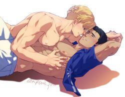 Rule 34 | 2boys, ao isami, bara, bare pectorals, black hair, blonde hair, blush, couple, face-to-face, facial hair, hand on another&#039;s head, highres, lewis smith, lying, lying on person, male focus, medium sideburns, multiple boys, nikami jin, on back, pectoral press, pectorals, sideburns stubble, stubble, thick eyebrows, toned, toned male, yaoi, yuuki bakuhatsu bang bravern