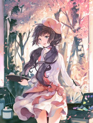 Rule 34 | 1girl, apron, backlighting, beret, black hair, brush, cherry blossoms, cowboy shot, day, dress, green eyes, hat, highres, long hair, long sleeves, looking at viewer, looking back, low twintails, open mouth, original, outdoors, painting (action), palette (object), petals, sibyl, smile, solo, twintails, white dress, wind