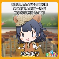 Rule 34 | 1girl, animal ears, armadillo ears, armor, black eyes, black hair, cardigan, chinese commentary, chinese text, copyright name, copyright notice, extra ears, giant armadillo (kemono friends), gloves, hat, highres, kemono friends, kemono friends 3, kurokw (style), looking at viewer, necktie, official art, shirt, short hair, simple background, skirt, solo, traditional chinese text, translation request