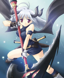 Rule 34 | 1girl, antenna hair, armlet, blue dress, breasts, dress, fantasy, gloves, halterneck, large breasts, looking at viewer, original, polearm, red eyes, scythe, silver hair, skin tight, sleeveless, sleeveless dress, solo, spread legs, weapon, white gloves