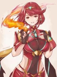 Rule 34 | 1girl, blush, breasts, covered navel, earrings, fingerless gloves, fire, gloves, hair ornament, jewelry, large breasts, looking at viewer, ma-hain-scarlet, nintendo, pyra (xenoblade), red eyes, red hair, short hair, shorts, sidelocks, simple background, smile, solo, tiara, white background, xenoblade chronicles (series), xenoblade chronicles 2, xenoblade chronicles (series), xenoblade chronicles 2