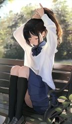 Rule 34 | 1girl, black bow, black footwear, black socks, blue sailor collar, blue skirt, bow, bunching hair, closed eyes, closed mouth, commentary, day, english commentary, highres, kneehighs, knees up, loafers, long hair, long sleeves, nami (nyaa), on bench, original, outdoors, pleated skirt, ponytail, sailor collar, school uniform, serafuku, shirt, shoes, sitting, skirt, socks, solo, white shirt