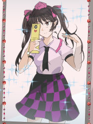 Rule 34 | 1girl, akira creative, black necktie, black skirt, brown hair, cellphone, checkered clothes, checkered skirt, collared shirt, commentary request, cowboy shot, frilled shirt collar, frills, grey eyes, hand in own hair, hat, highres, himekaidou hatate, long hair, mirror, missing textures, necktie, one-hour drawing challenge, phone, puffy short sleeves, puffy sleeves, purple hair, purple hat, purple skirt, selfie, shirt, short sleeves, skirt, solo, sparkle, tokin hat, touhou, two-tone skirt, white shirt