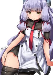 Rule 34 | 1girl, absurdres, black pantyhose, blush, buta tamako, buttons, closed mouth, hand on own hip, highres, kantai collection, long hair, looking at viewer, murakumo (kancolle), murakumo kai ni (kancolle), pantyhose, purple hair, red ribbon, ribbon, short sleeves, solo, standing, twintails, two side up, very long hair, white background, yellow eyes