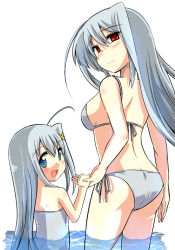 Rule 34 | 00s, artist request, ass, bikini, blue eyes, dual persona, holding hands, long hair, looking back, lyrical nanoha, mahou shoujo lyrical nanoha, mahou shoujo lyrical nanoha a&#039;s, mahou shoujo lyrical nanoha strikers, one-piece swimsuit, red eyes, reinforce, reinforce zwei, silver hair, swimsuit, time paradox