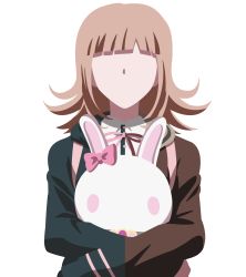 Rule 34 | 1girl, backpack, bag, bow, brown hair, brown jacket, collared shirt, commentary, danganronpa (series), danganronpa 2: goodbye despair, danganronpa 3 (anime), derivative work, doll, dress shirt, ear bow, english commentary, highres, holding, holding doll, hope&#039;s peak academy school uniform, hugging doll, hugging object, jacket, light brown hair, long sleeves, medium hair, mickspad, minimalism, monomi (danganronpa), nanami chiaki, neck ribbon, open clothes, open jacket, pale skin, pink neckwear, red ribbon, ribbon, school uniform, shirt, stuffed animal, stuffed rabbit, stuffed toy, transparent background, upper body, white shirt, wing collar