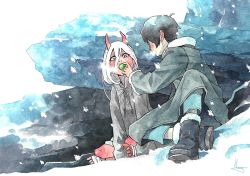 Rule 34 | 10s, 1boy, 1girl, bad id, bad twitter id, bandages, black footwear, black hair, boots, candy, coat, colored sclera, colored skin, couple, darling in the franxx, doinjang888, food, fur boots, fur trim, grey coat, hiro (darling in the franxx), holding, holding candy, holding food, horns, long hair, oni horns, parka, pink hair, red sclera, red skin, short hair, spoilers, winter clothes, winter coat, zero two (darling in the franxx)