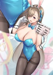 Rule 34 | 1girl, absurdres, animal ears, asuna (blue archive), asuna (bunny) (blue archive), bare shoulders, blue archive, blue bow, blue bowtie, blue leotard, blurry, blurry background, bow, bowtie, breasts, cleavage, covered navel, detached collar, fake animal ears, glasses, gloves, hair over one eye, hair ribbon, highres, holding, holding sign, large breasts, leotard, long hair, mole, mole on breast, navel, open mouth, pantyhose, playboy bunny, purple eyes, ribbon, sign, white gloves, yuzutosen