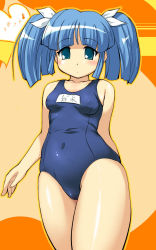 Rule 34 | 00s, blue eyes, blue hair, blush, highres, hip focus, long hair, one-piece swimsuit, pani poni dash!, school swimsuit, standing, suzuki sayaka, swimsuit, twintails, wide hips