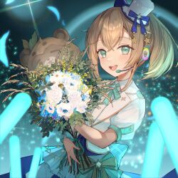 Rule 34 | 1girl, :d, aqua bow, aqua bowtie, back bow, blonde hair, blue eyes, blue skirt, blush, bouquet, bow, bow skirt, bowtie, corset, diffraction spikes, double-parted bangs, flower, glowstick, hat, headpiece, holding, holding bouquet, hololive, hololive idol uniform (bright), jacket, kazama iroha, large bow, layered skirt, looking at viewer, medium hair, mini hat, mini top hat, open mouth, pokobee, ponytail, puffy short sleeves, puffy sleeves, sash, shirt, short sleeves, skirt, smile, solo, stage, tilted headwear, top hat, underbust, upper body, virtual youtuber, waist bow, white hat, white jacket, white shirt, white skirt, xyunx