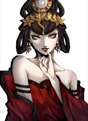 Rule 34 | 1girl, bare shoulders, black hair, chinese clothes, colored sclera, detached sleeves, dress, earrings, female focus, fingernails, hair ornament, hair rings, highres, jewelry, lipstick, long sleeves, looking at viewer, makeup, nail polish, nuwa (megami tensei), pale skin, pertex 777, red dress, red lips, red nails, sash, shaded face, shin megami tensei, shin megami tensei v, smile, solo, updo, white background, yellow eyes, yellow sclera