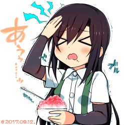 Rule 34 | &gt; &lt;, 1girl, arm warmers, asashio (kancolle), bad id, bad nicoseiga id, black hair, blush, brain freeze, commentary request, dated, food, highres, holding, kantai collection, long hair, open mouth, ribbon, richou (zerozero1101), shaved ice, shirt, short sleeves, simple background, solo, suspenders, white background, white shirt