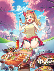 Rule 34 | blonde hair, blue eyes, bottle, bow, dress, food, fork, hair bow, luck and logic, multiple girls, open mouth, picnic, sandwich, sushi, tree