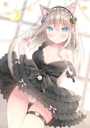 Rule 34 | 1girl, animal ears, black dress, blue eyes, blurry, blurry background, blush, brown hair, cameltoe, cat ears, cat girl, cat tail, closed mouth, commentary request, dress, gluteal fold, hair between eyes, hair ribbon, heart, highres, long hair, maid headdress, original, panties, ribbon, solo, standing, strap slip, tail, thigh gap, thigh strap, thighs, underwear, watagashi yui, white panties