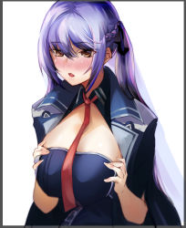 Rule 34 | 1girl, :o, azur lane, blush, braid, breasts, brown eyes, eichi (yashokuya), essex (azur lane), french braid, hair ribbon, hands on own chest, highres, large breasts, long hair, looking down, necktie, open mouth, purple hair, red necktie, ribbon, solo, twintails, uniform, upper body, white background