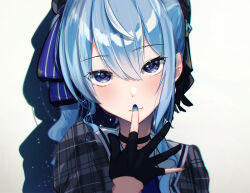 Rule 34 | 1girl, black choker, black gloves, blue eyes, blue hair, blue nails, choker, clip studio paint (medium), closed mouth, finger to mouth, gloves, hand up, highres, hololive, hoshimachi suisei, hoshimachi suisei (1st costume), kasoku souchi, looking at viewer, partially fingerless gloves, plaid, plaid shirt, portrait, shadow, shirt, side ponytail, solo, star (symbol), star in eye, symbol in eye, upper body, virtual youtuber