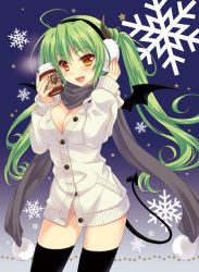 Rule 34 | 1girl, :d, bat wings, black thighhighs, breasts, cardigan, cleavage, coffee, demon girl, demon tail, earmuffs, fang, green hair, horns, large breasts, long hair, looking at viewer, no panties, open mouth, original, saeki hokuto, scarf, smile, snowflakes, solo, steam, sweater, tail, thighhighs, twintails, wings, yellow eyes