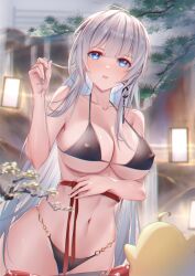 Rule 34 | 1girl, arm under breasts, azur lane, bikini, bird, black bikini, blue eyes, blush, breasts, chick, cleavage, collarbone, commentary request, covered erect nipples, cowboy shot, earrings, hand up, highres, holding, holding own hair, jewelry, lantern, large breasts, long hair, looking at viewer, mainz (azur lane), mainz (the silkiest brew) (azur lane), manjuu (azur lane), navel, no shirt, o-ring, o-ring bikini, official alternate costume, onsen, paper lantern, parted lips, red sash, sash, sidelocks, signature, single earring, sking, standing, stomach, swimsuit, tree, very long hair, white hair