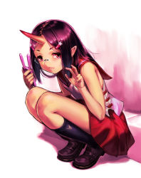 Rule 34 | 1girl, bad id, bad pixiv id, bare arms, bare shoulders, black hair, chyko7080, glasses, horns, looking at viewer, oni, original, pointy ears, red eyes, school uniform, serafuku, shirt, single horn, skirt, solo, squatting