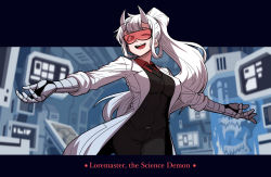 Rule 34 | 1girl, ;), ;d, absurdres, artist request, black legwear, character name, demon girl, demon horns, demon tail, female focus, formal, gigle, glasses, goggles, hair between eyes, helltaker, highres, horns, lab coat, laboratory, letterboxed, long hair, looking at viewer, loremaster (helltaker), necktie, one eye closed, open mouth, pants, ponytail, prosthesis, prosthetic arm, red-tinted eyewear, red-tinted glasses, red eyes, red shirt, shirt, smile, solo, subarashii pose, sunglasses, tagme, tail, teeth, tinted eyewear, upper teeth only, vest, visor, white hair