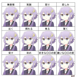 Rule 34 | 1girl, 810 (dadmiral), :|, artist name, bad id, bad pixiv id, blue eyes, chart, closed mouth, crescent, crescent hair ornament, expression chart, expressions, hair between eyes, hair ornament, kantai collection, multiple views, neck ribbon, purple hair, ribbon, sailor collar, school uniform, serafuku, short hair with long locks, translated, upper body, yayoi (kancolle)